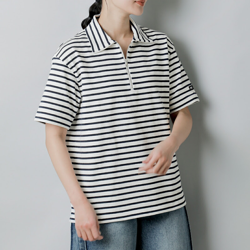 SCYE BASICS コットン ストライプ ハーフジップ シャツ