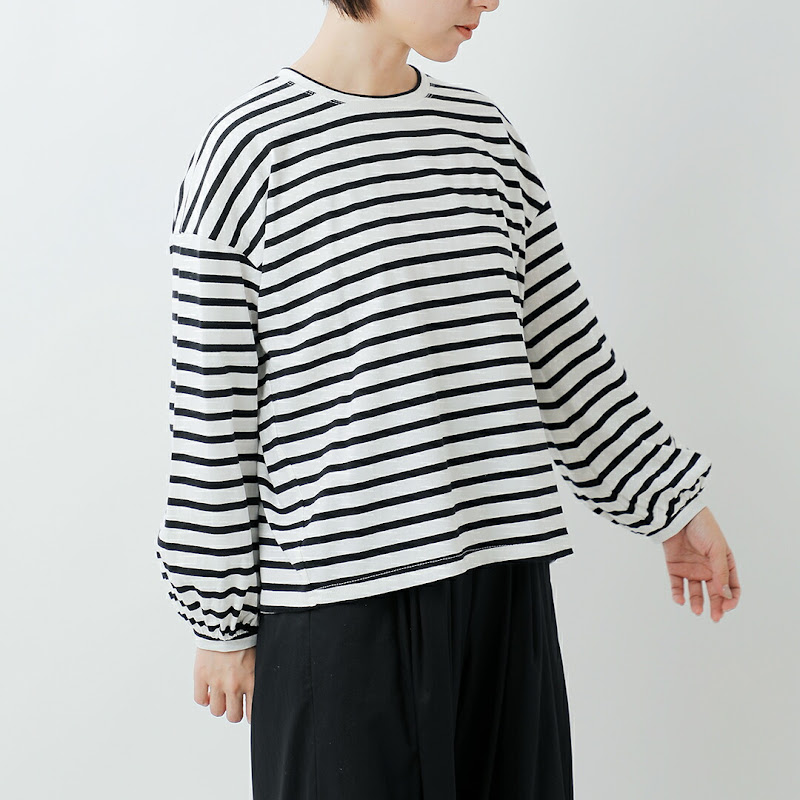 Si-Si-Si コットン ボーダー パフ スリーブ シャツ