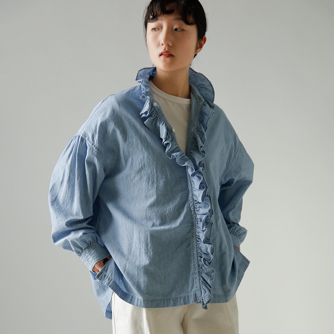 TOUJOURS �g�D�W���[  �t�F�[�h���H�R�b�g���V�����u���[ �V���c �gRuffle Shirt�h hm44ds03  �V�� 