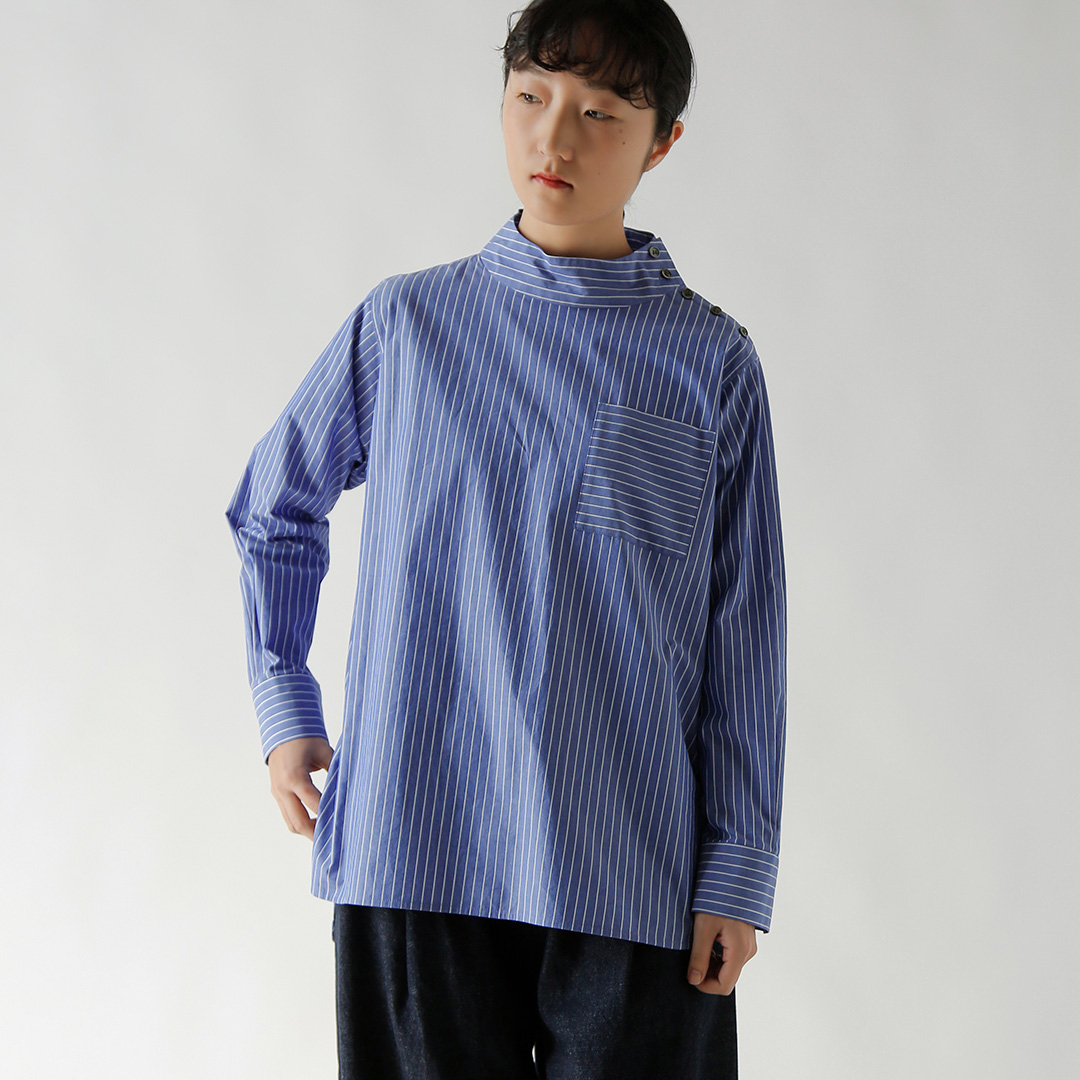 atelier naruse コットン モックネック ストライプ ブラウス