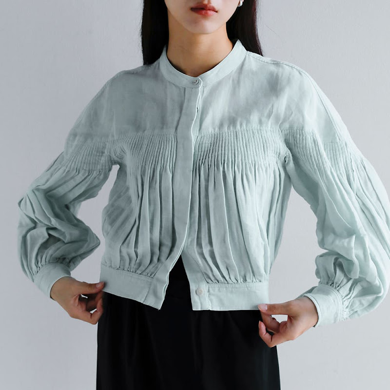 Pheeta コットン リネン バンドカラー ピンタック ブラウス Stella