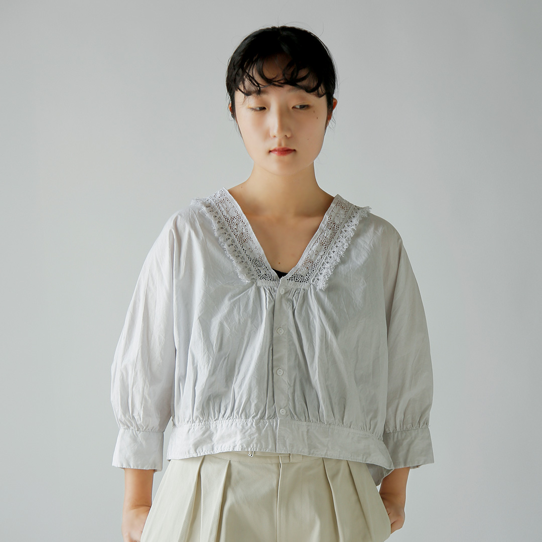 TOUJOURS リンクルコットンペーパー ボレロシャツ Natural Garment Dyed Fringe Lace Bolero Shirt