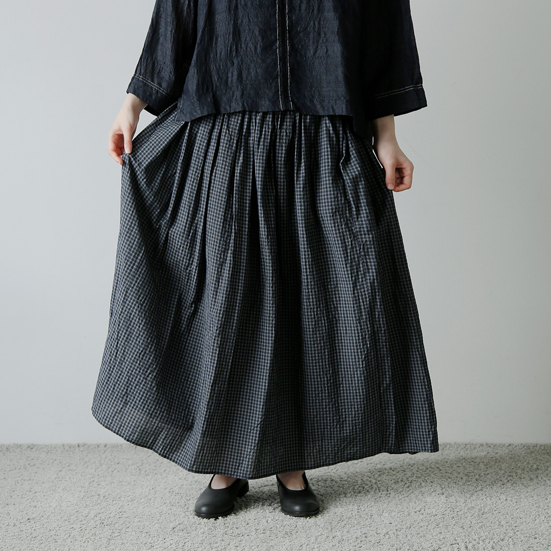 TOUJOURS コットンシルク タッタソールチェック スカート Random Pleated Maxi Skirt