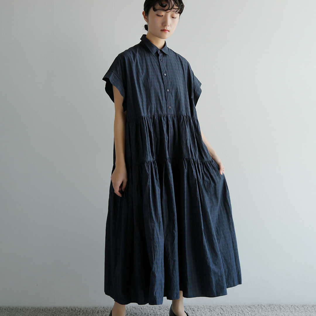TOUJOURS ハードウォッシュコットン タッターソールチェック シャツドレス Band Sleeve Tiered Shirt Dress