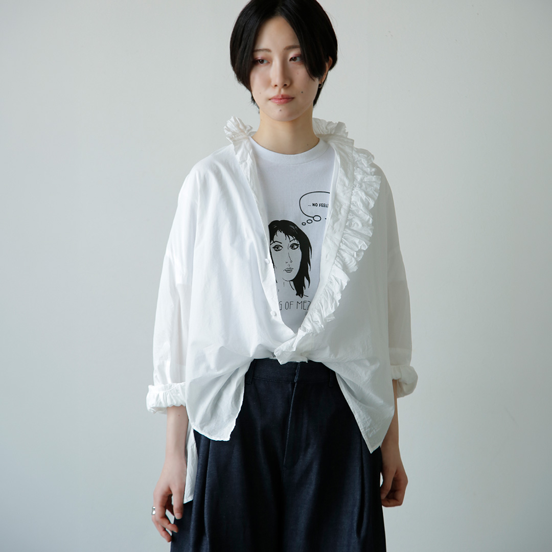 TOUJOURS スーパーファインカウントコットン シャツ Band Collar Bishop Sleeve Ruffle Shirt